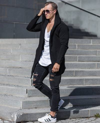 Miesten musta hupullinen pitkä cardigan Urban Classics