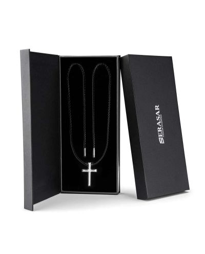 Leather Necklace with Pendant Cross Silver Serasar