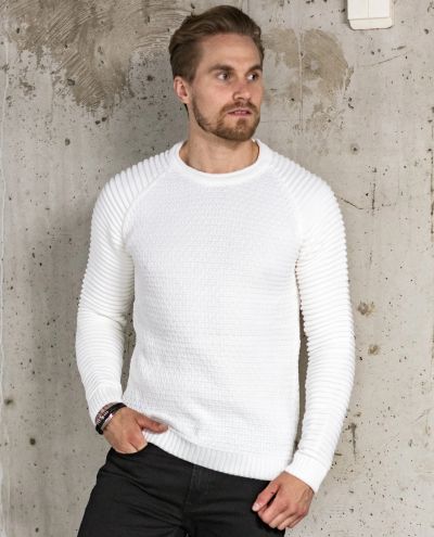 Knit Ribbed Round Neck Sweater White Jerone