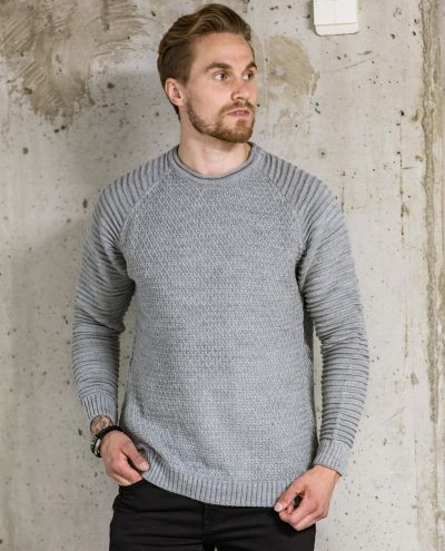 Knit Ribbed Round Neck Sweater Gray Jerone