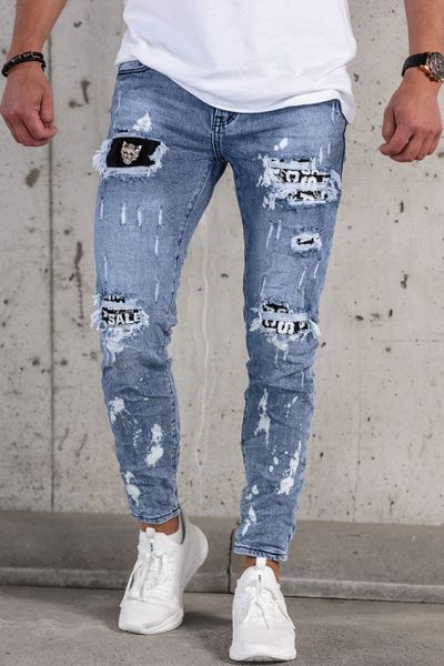 siniset miesten streetwear farkut kulutuksella, kivipesulla ja koristebrodeerauksella