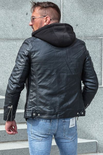 Miesten musta hupullinen keinonahkatakki JERONE