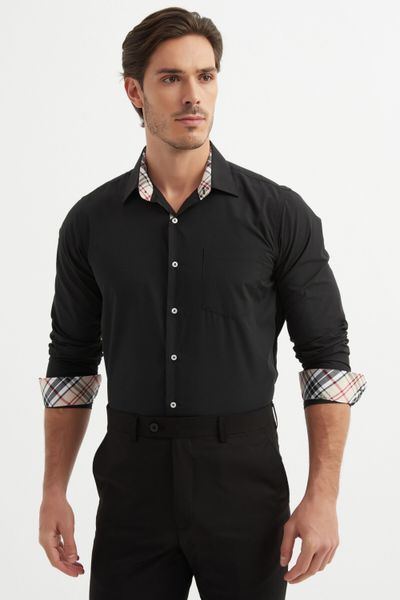 Comfort Fit Tartan ruutukoristeltu kauluspaita musta Jerone