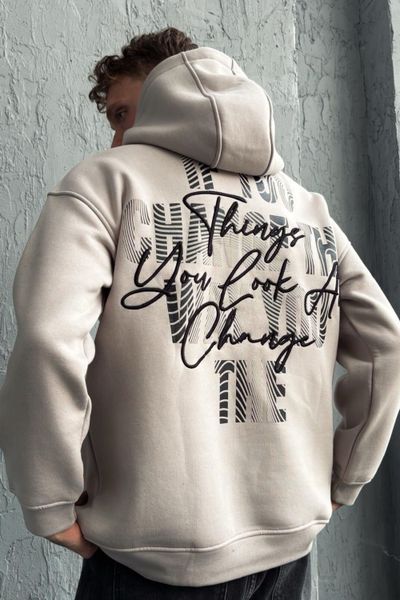 Selkäbrodeerattu beige huppari JERONE Selkäbrodeerattu beige huppari JERONE